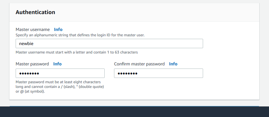 新しい Amazon DocumentDB クラスターのマスターユーザー名とパスワードを指定する認証フォーム。