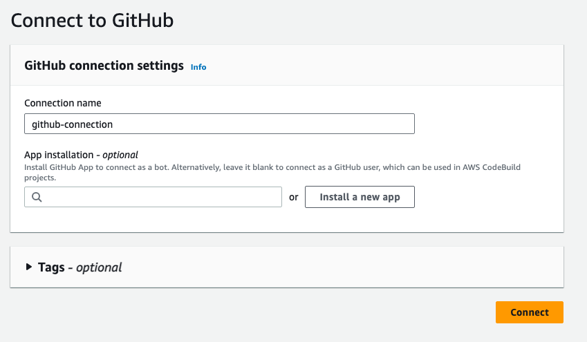 GitHub Apps フィールドを含む initial GitHub 接続ページを示すコンソールのスクリーンショット。