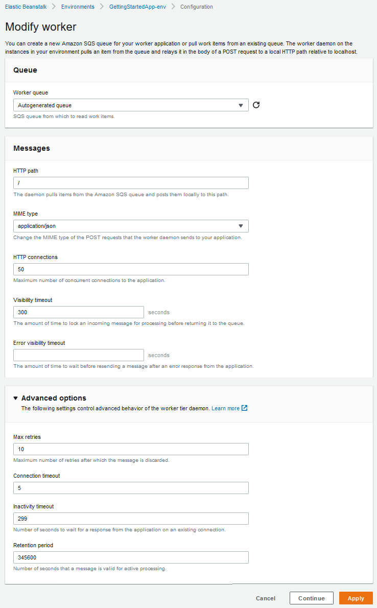 Elastic Beanstalk コンソールの [ワーカーの変更] 設定ページ