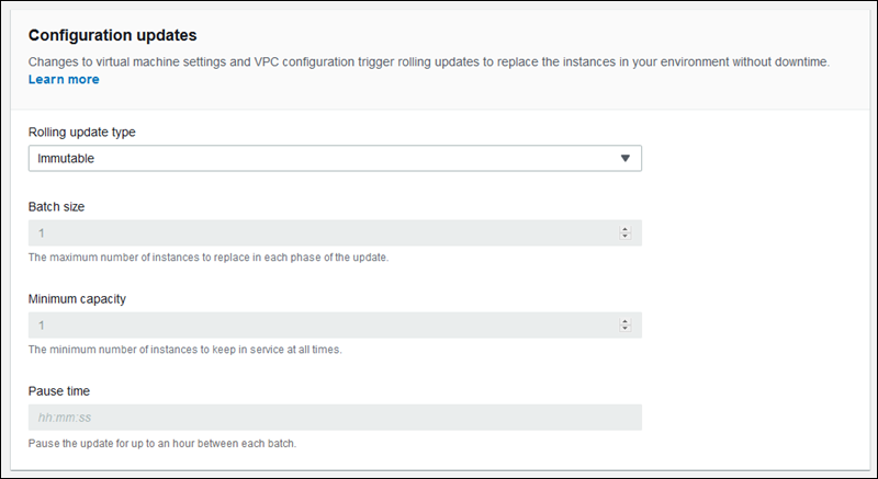 [Modify rolling updates and deployments configuration] ページの [Configuration updates] セクション