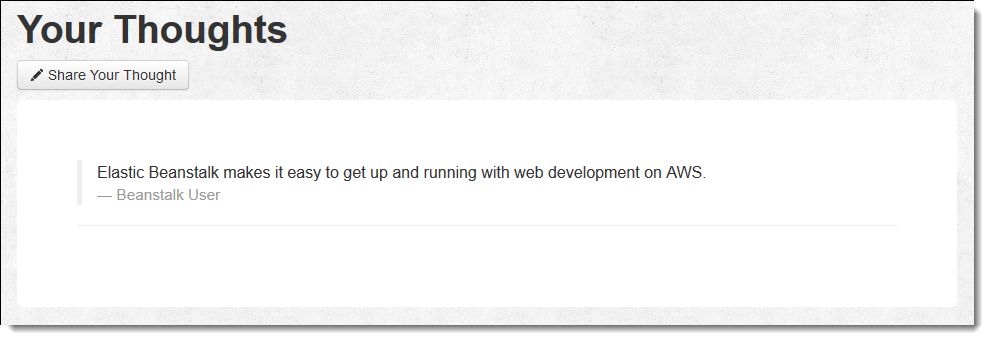 User interface for sharing thoughts, with a posted comment about Elastic Beanstalk on AWS.