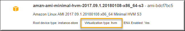 EC2 コンソールに HVM 仮想化タイプがリストされた AMI