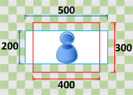 Blue user icon centered within a rectangular frame with dimensions labeled.