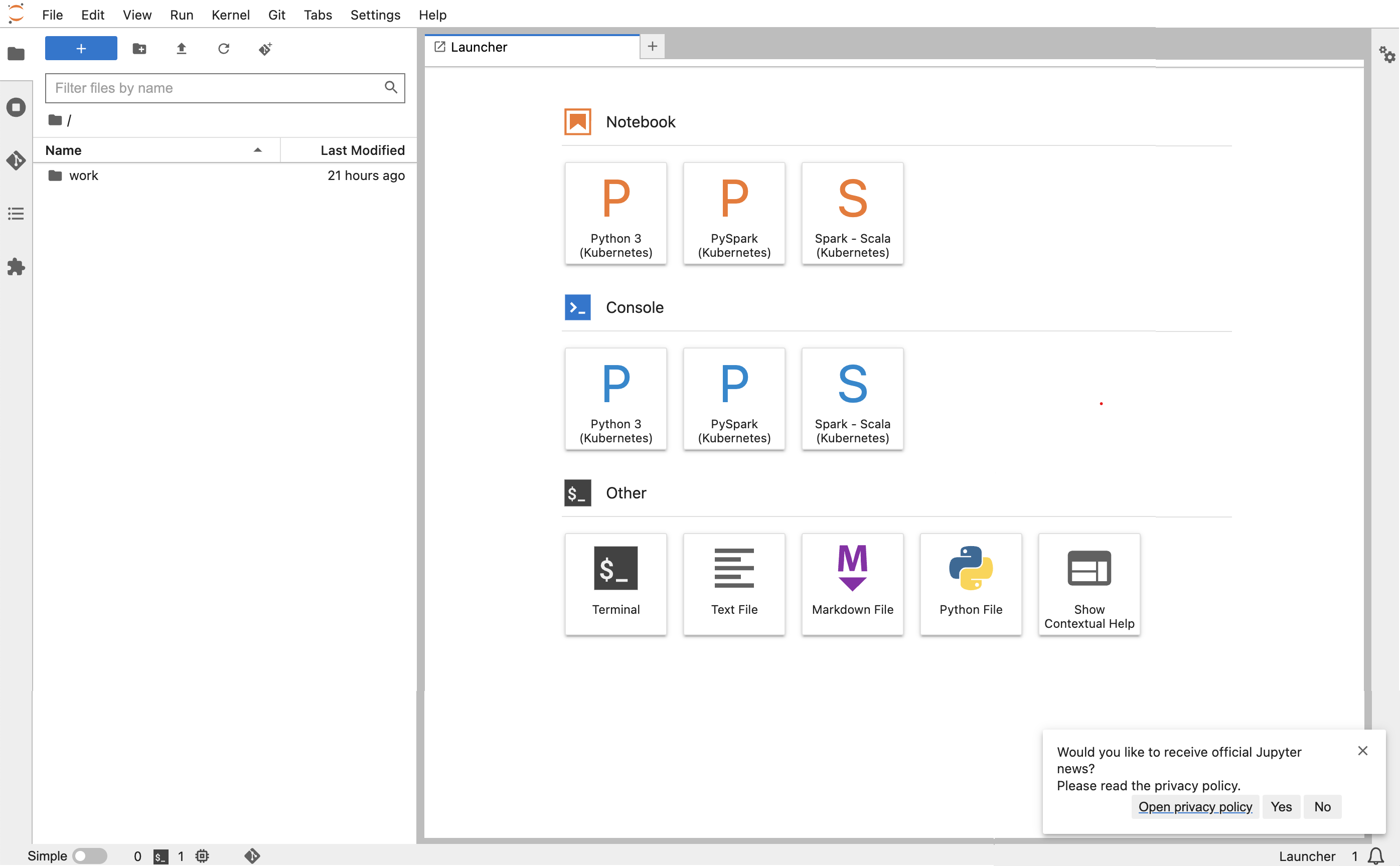 JupyterLab のスタート画面のスクリーンショット。