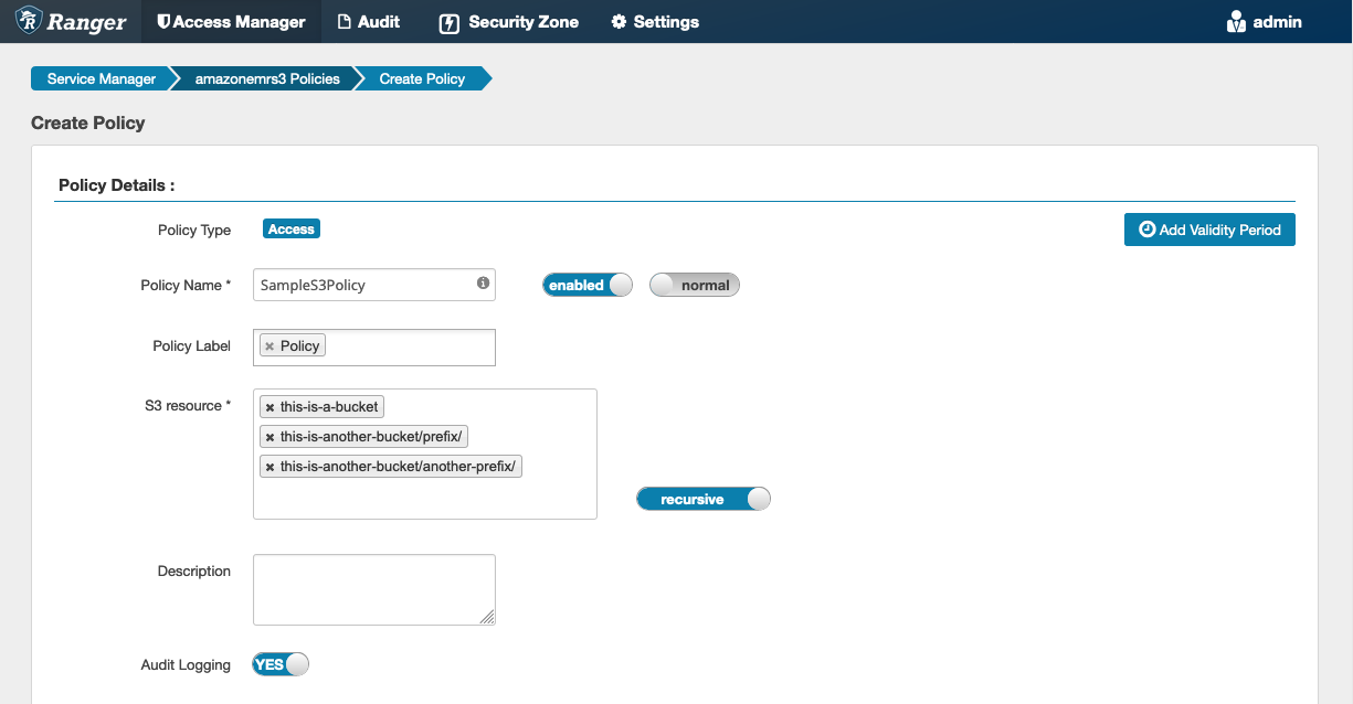 S3 EMRFS サービスの作成ポリシーを示す Ranger 管理者。