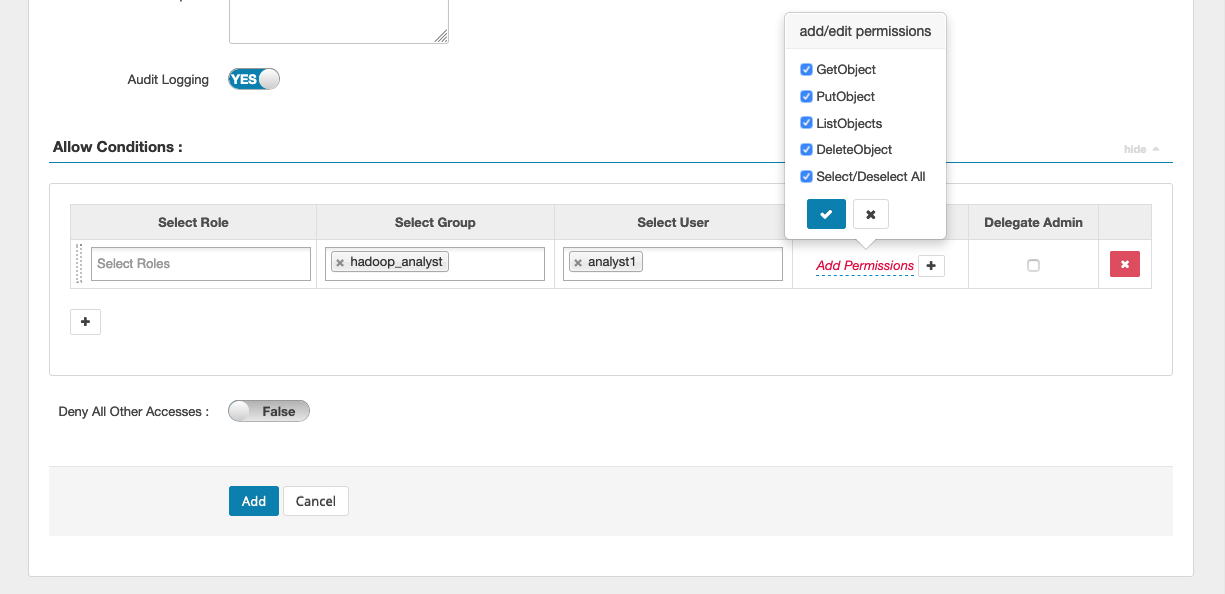 S3 EMRFS ポリシーのユーザー/グループのアクセス許可を示す Ranger 管理者。