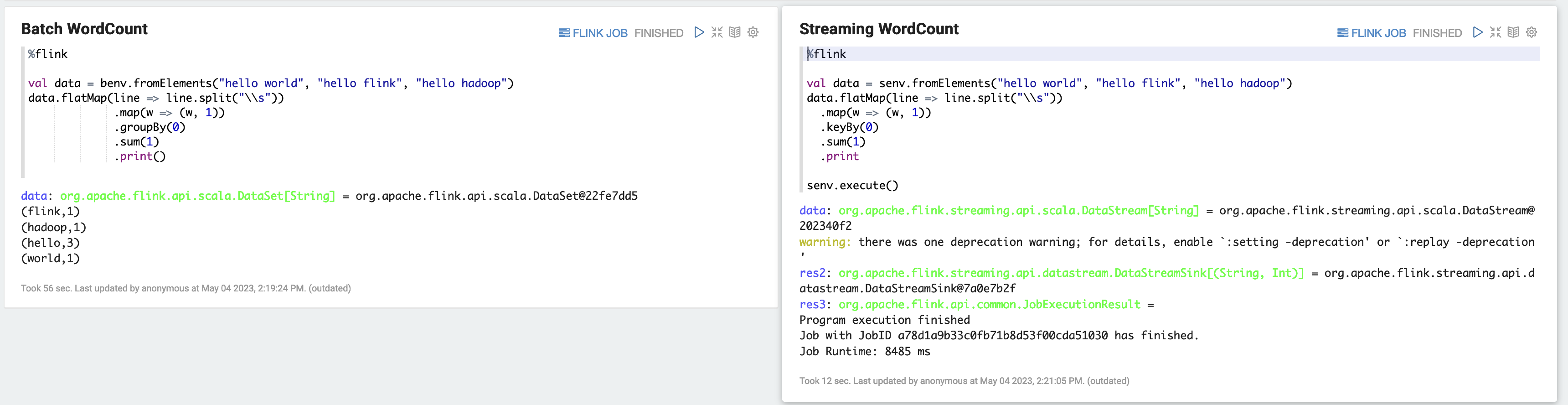 例えば、Zeppelin ノートブックからバッチジョブ WordCount とストリーミング WordCountジョブを実行できます。