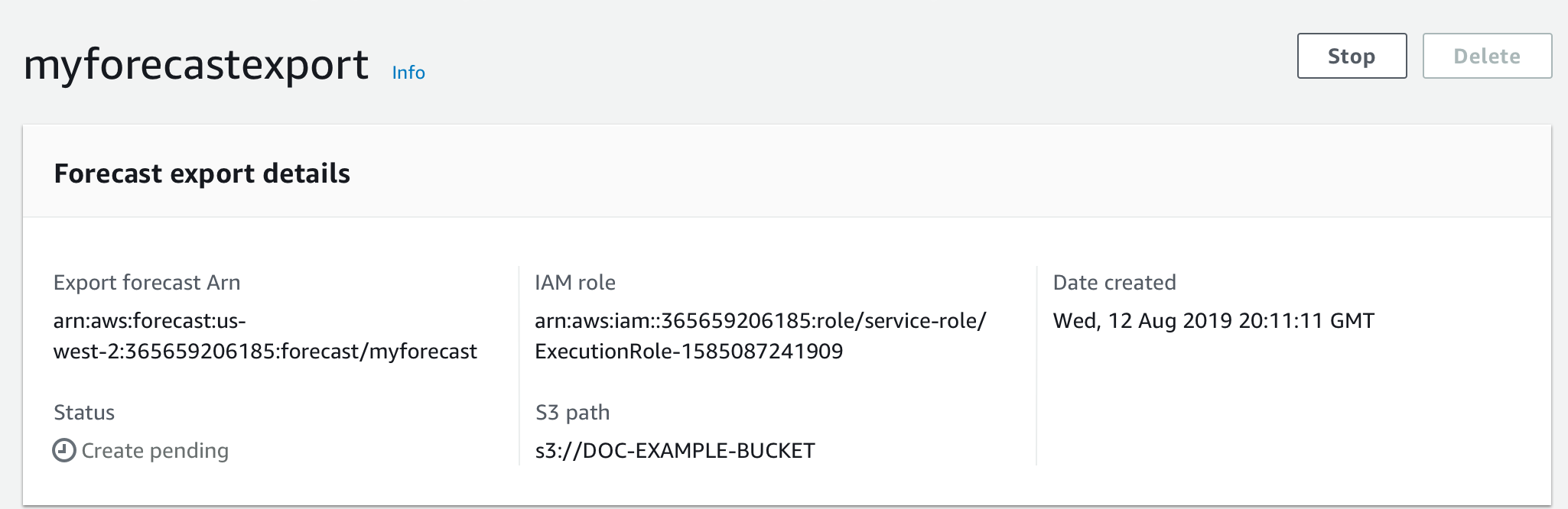 Forecast export details showing ARN, IAM role, creation date, status, and S3 path.