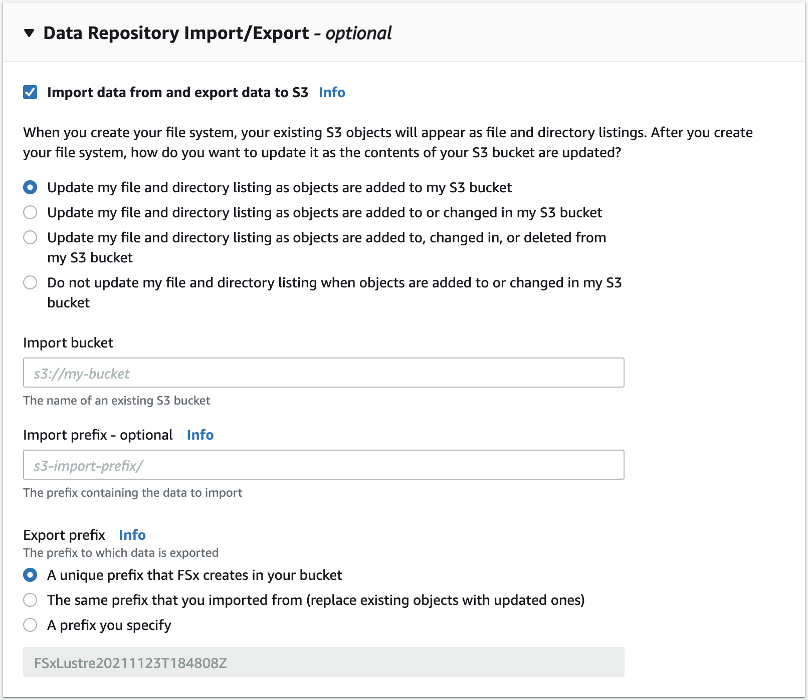 Simple Storage Service (Amazon S3) 内のリンクされたデータリポジトリを設定するための、データリポジトリのインポートおよびエクスポートパネルです。