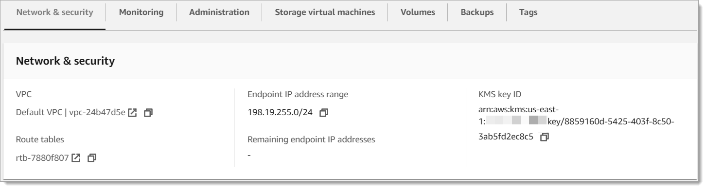 コピーするエンドポイント IP アドレス範囲の値を表示している Amazon FSx コンソールのファイルシステムのネットワークとセキュリティタブ。