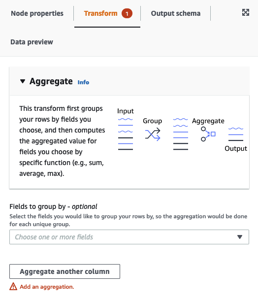 スクリーンショットは、Aggregate ノードの [Transform] タブを示しています。