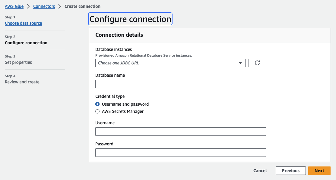 スクリーンショットは、 をデータソース Amazon Aurora として設定するために必要な接続の詳細を示しています。