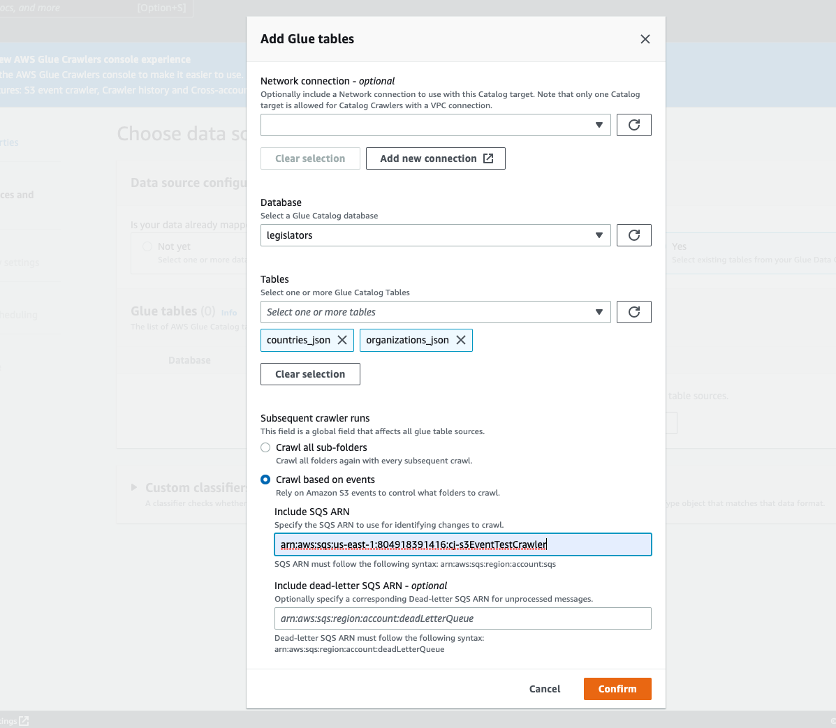 Add Glue tables dialog with network, database, tables, and crawler options.