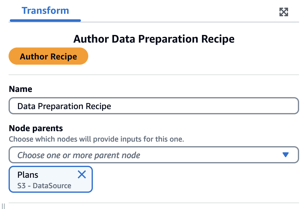 Author Data Preparation Recipe form with name field and node parents selection dropdown.