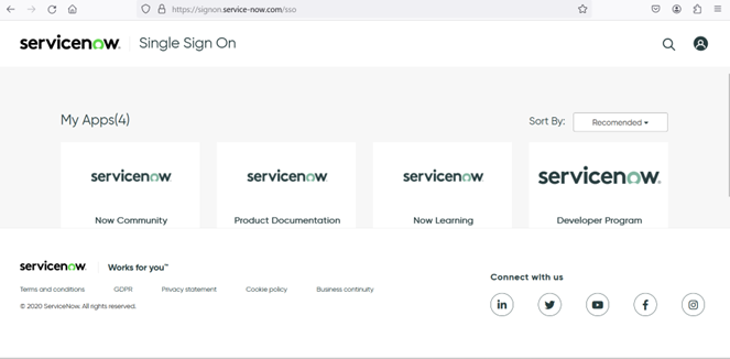 スクリーンショットは、デ ServiceNow ベロッパープログラムへのアクセスを示しています。