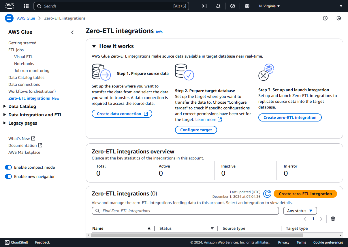 このスクリーンショットは、メインの [ゼロ ETL 統合] ページを示しています。