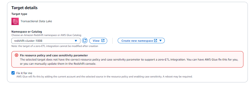 このスクリーンショットは、ゼロ ETL 統合でのターゲットの選択を示しています。