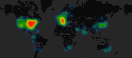 Grafana のジオマップ視覚化を使用したヒートマップの例を示す画像。