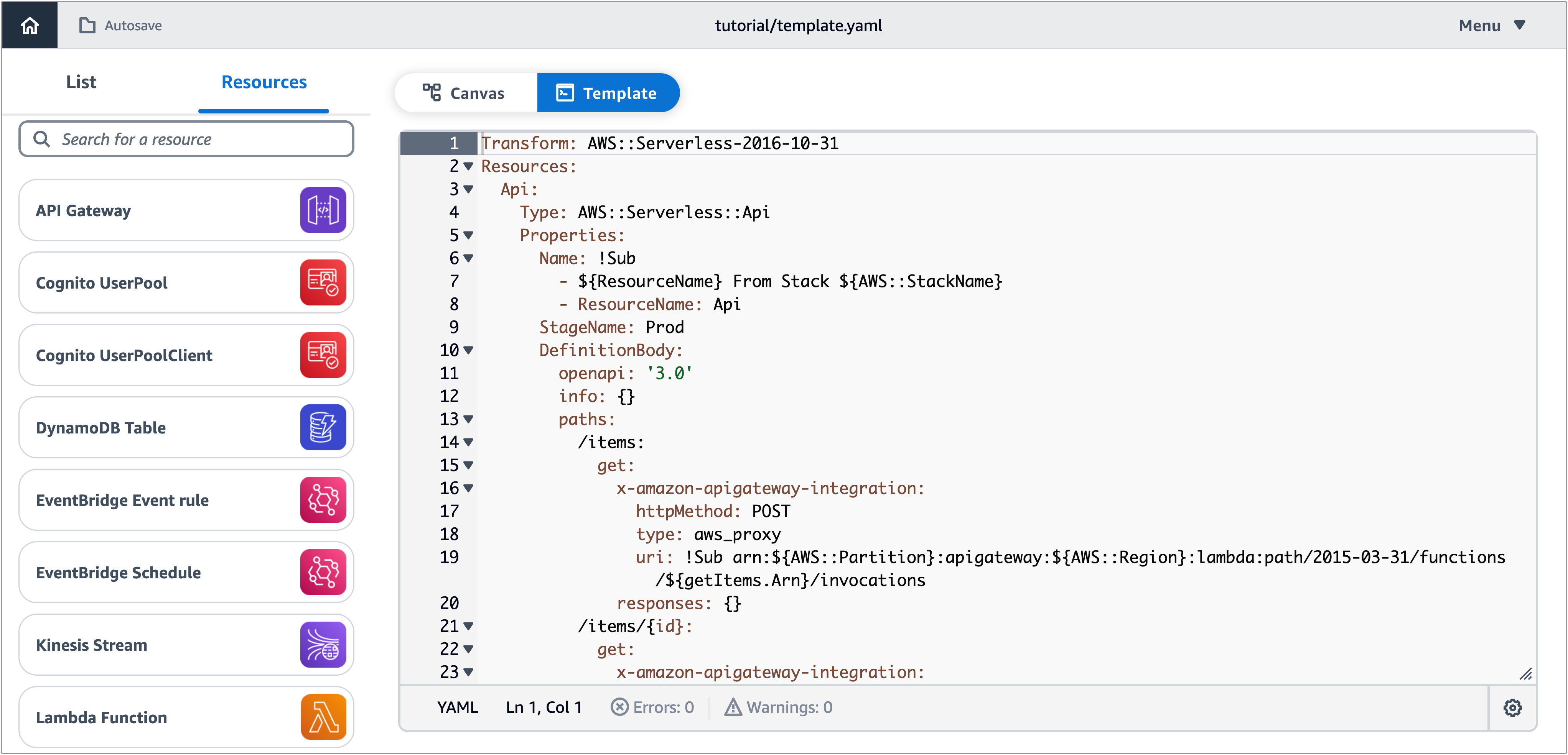 アプリケーションのテンプレートコードを示す Infrastructure Composer テンプレートビュー。