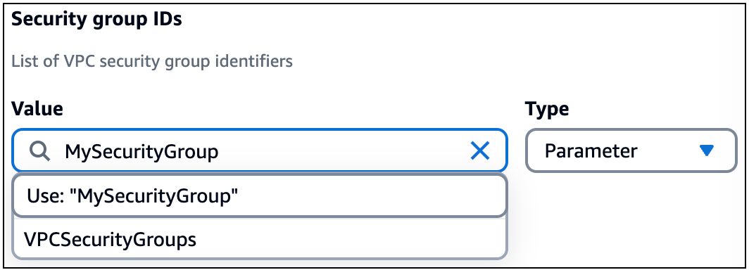 Lambda 関数カードのセキュリティグループ ID フィールドのパラメータタイプに提供されるMySecurityGroup値。