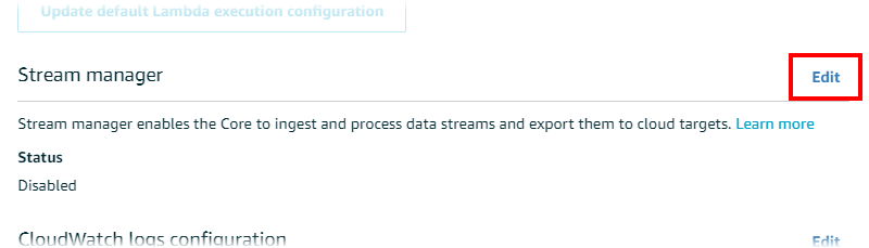 AWS IoT Greengrass 「ストリームマネージャー」セクションのスクリーンショット。