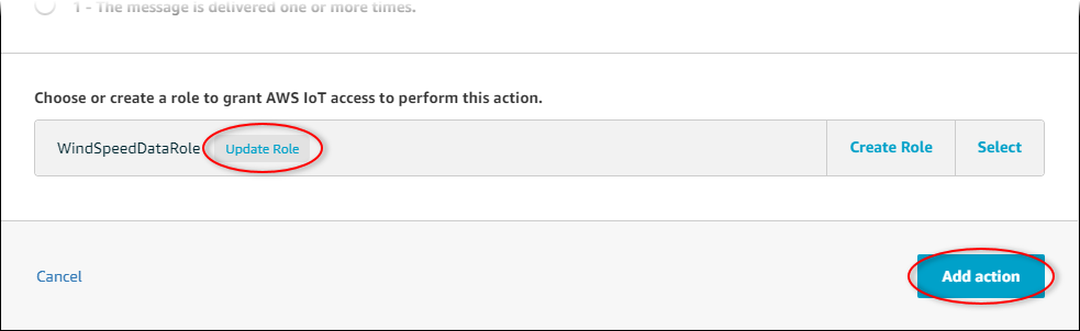 AWS IoT ロールの更新ボタンが強調表示された Core 「再発行アクションの設定」ページのスクリーンショット。