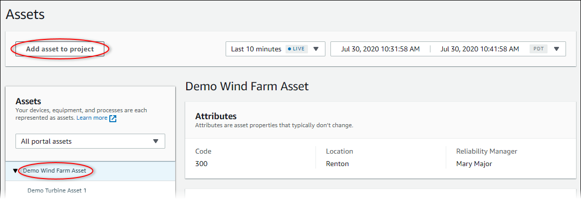 デモ風力発電施設アセットと「Add asset to project (アセットをプロジェクトに追加) 」が強調表示された「Assets (アセット) 」ページ。