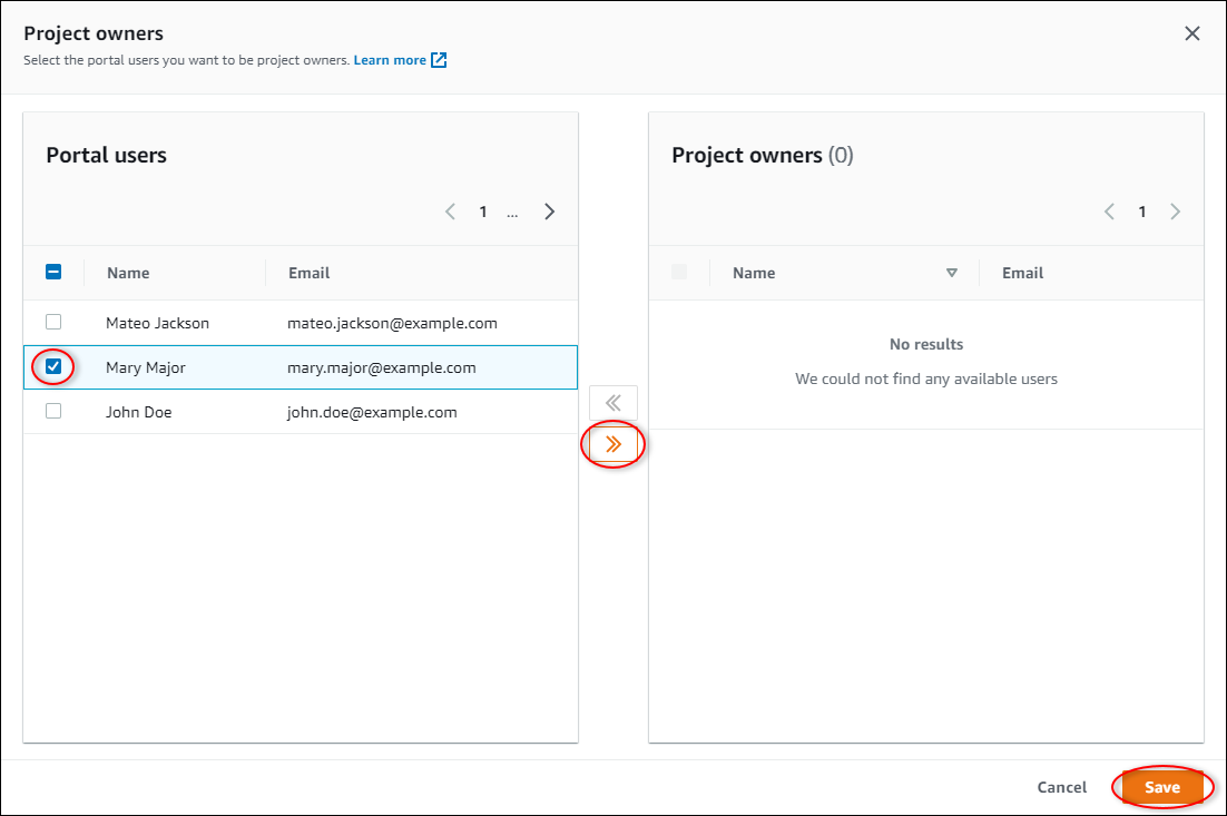 ユーザーが強調表示された [Project owners] (プロジェクト所有者) ダイアログボックス。