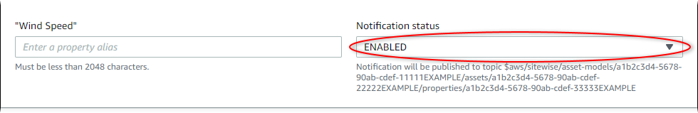 AWS IoT SiteWise 「通知ステータス」が強調表示された「アセットの編集」ページのスクリーンショット。