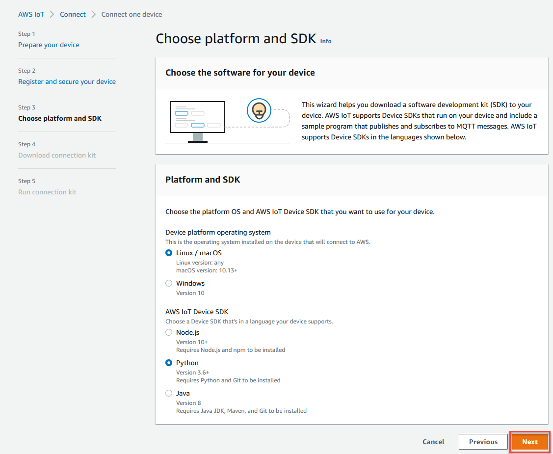 AWS IoT コンソールを使用してプラットフォームと SDK を選択します。