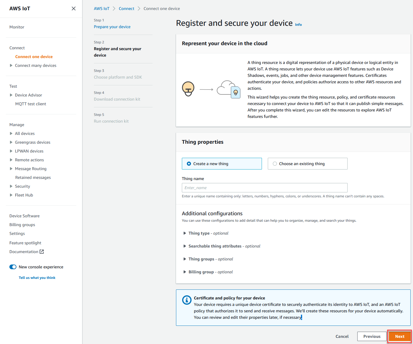 AWS IoT コンソールを使用して、デバイスを登録して保護します。