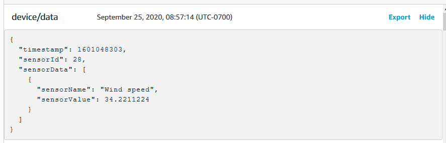 AWS IoT コンソールの MQTT クライアントに JSON メッセージペイロードがどのように表示されるかを示す画像。