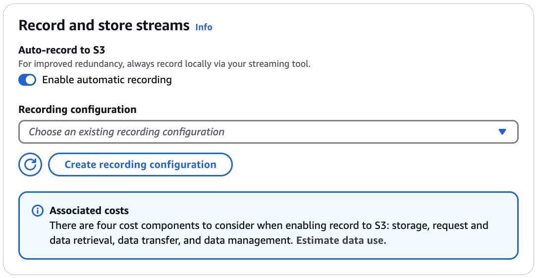 IVS コンソールを使用してチャネルを作成する: [Auto-record to Amazon S3 (Amazon S3 への自動録画)] を選択します。