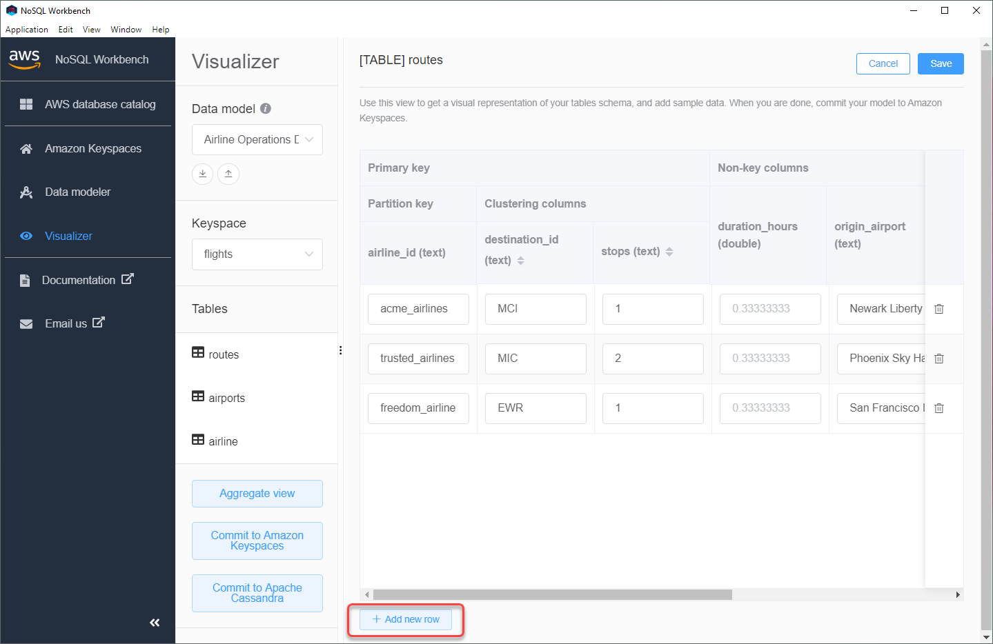 テーブルにデータを追加する方法が示されているコンソールのスクリーンショット。