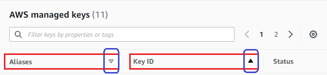 AWS マネージドキー interface showing sortable columns for Aliases and Key ID.