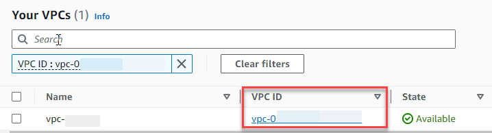 Amazon VPC コンソールのフィルタリングされた VPC リスト