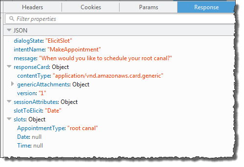 JSON 予約を行うインテント、入力された予約タイプ、予約の日付を引き出すメッセージを含む レスポンス。