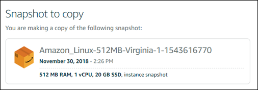 Amazon Lightsail コンソールでコピーするスナップショット。