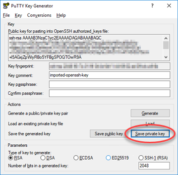 プライベートキーを PuTTY Key Generator に保存します。