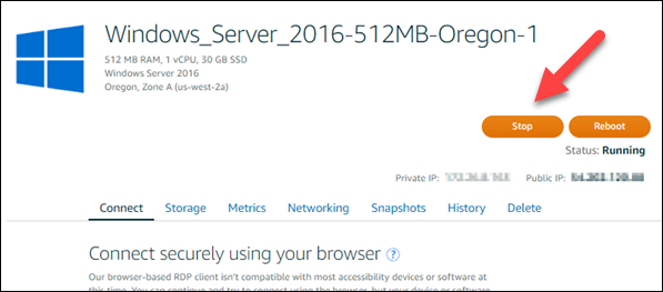 スナップショットを作成する前に Windows Server インスタンスを停止する。