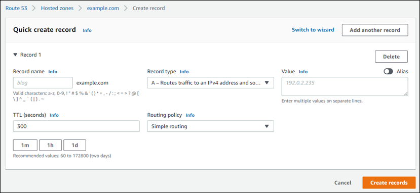 Route 53 でレコードを作成して、エイリアスを Lightsail ロードバランサーにポイントする