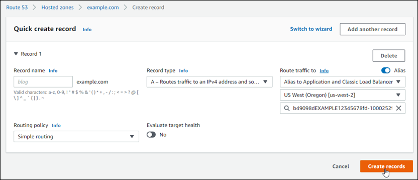 Route 53 でレコードを作成し、エイリアスが Lightsail ロードバランサーをポイントするように設定する