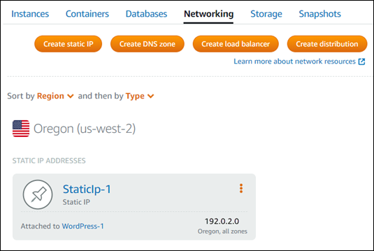 Lightsail ホームページのネットワークタブのすべての静的 IP アドレス。