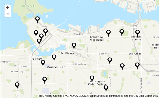 Map of Vancouver area showing multiple location markers across different neighborhoods.