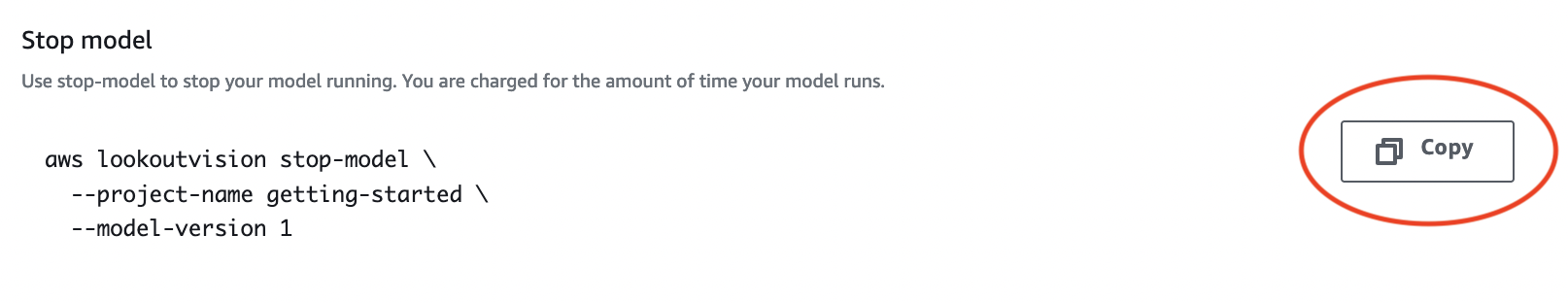 Copy button icon next to AWS CLI command for stopping a Lookout for Vision model.