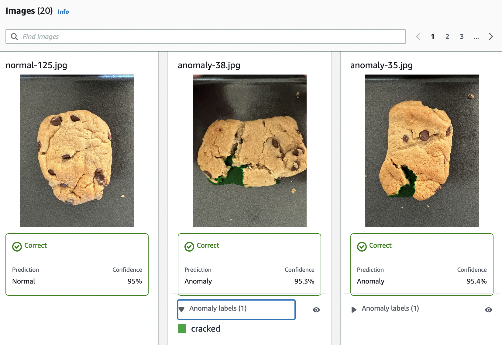 Three chocolate chip cookies on dark surfaces, two with green anomalies labeled as "cracked".