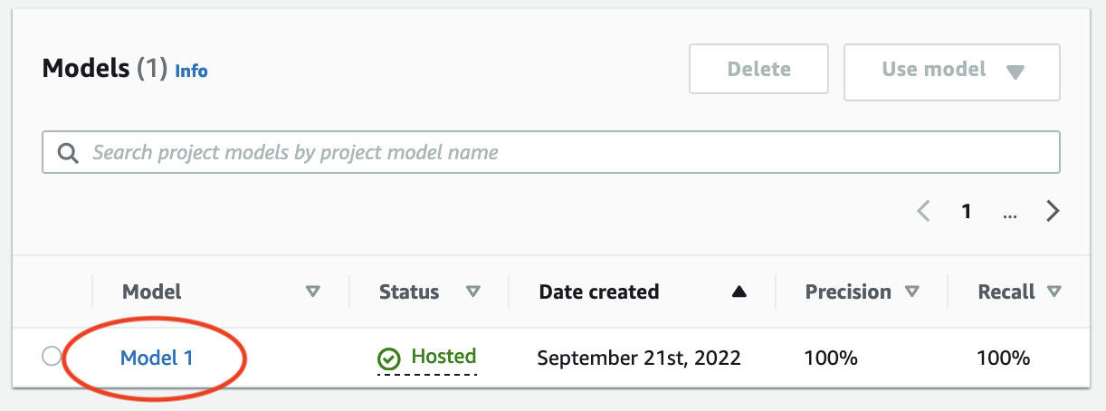 Models table showing Model 1 with Hosted status, creation date, and 100% precision and recall.