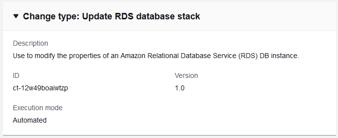 変更 type details for updating an Amazon RDS database stack, including ID and version.