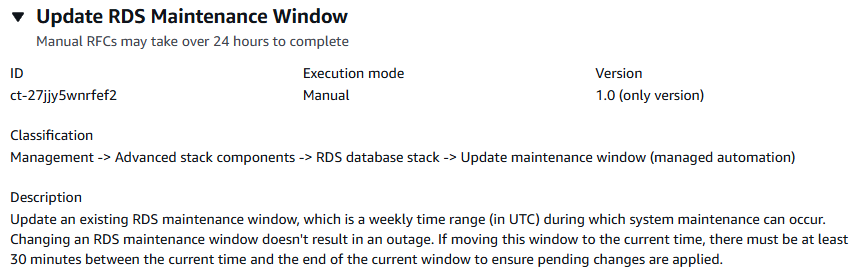 ID、実行モードを手動、バージョンとして表示する RDS メンテナンスウィンドウの変更タイプを更新します。