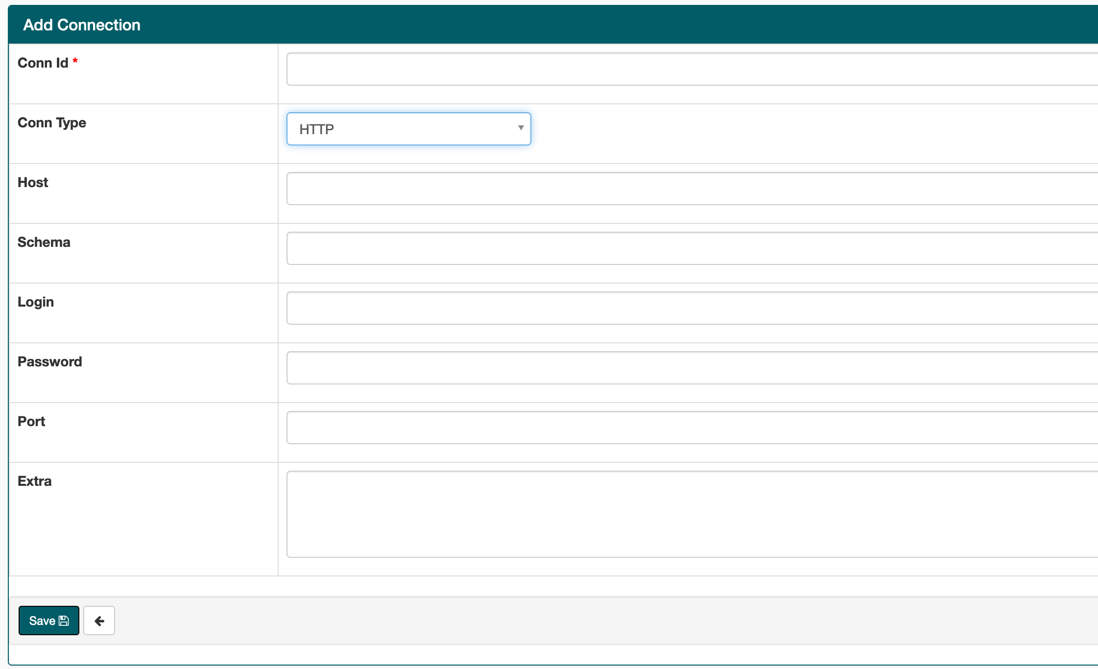 この画像は、Apache Airflow UI の HTTP 接続タイプを示しています。